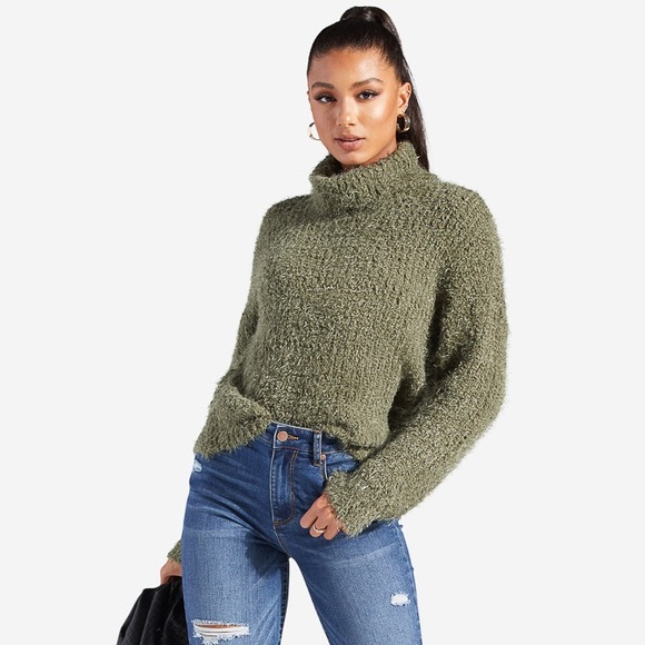 Shoe Dazzle Sweaters - SHOE DAZZLE - Fuzzy Turtle Neck Sweater - Olive Green